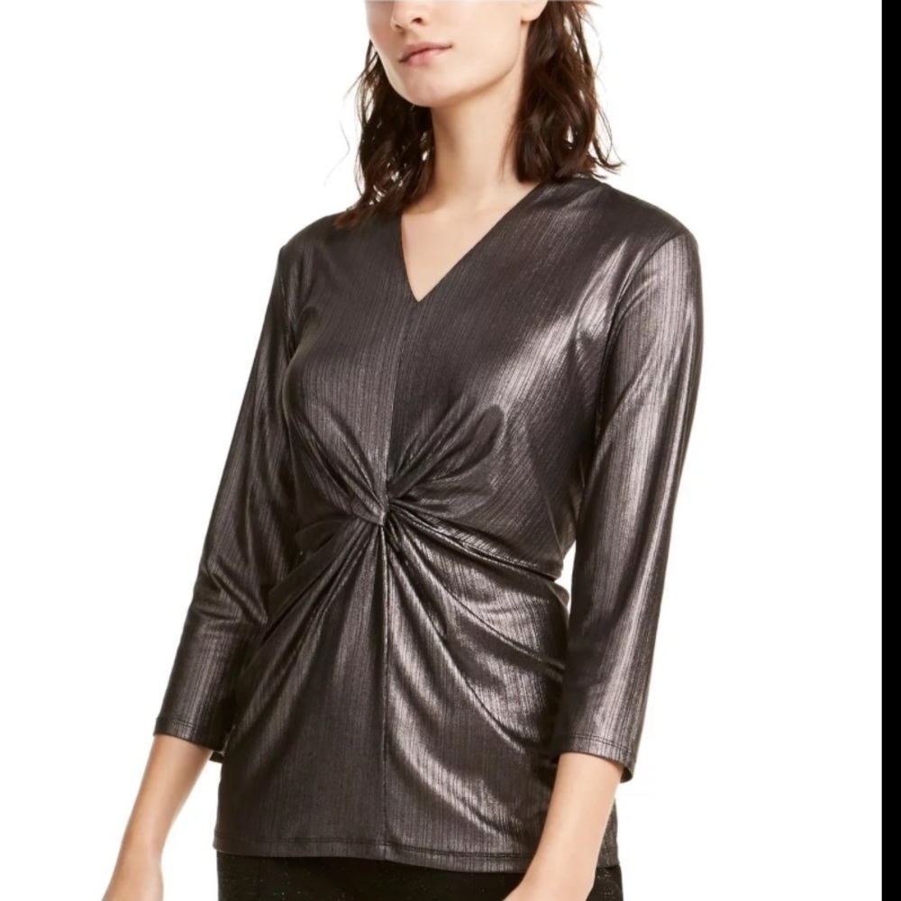 Alfani Women’s V Neck Twist Front Pullover Liquid Metallic Pewter Blouse